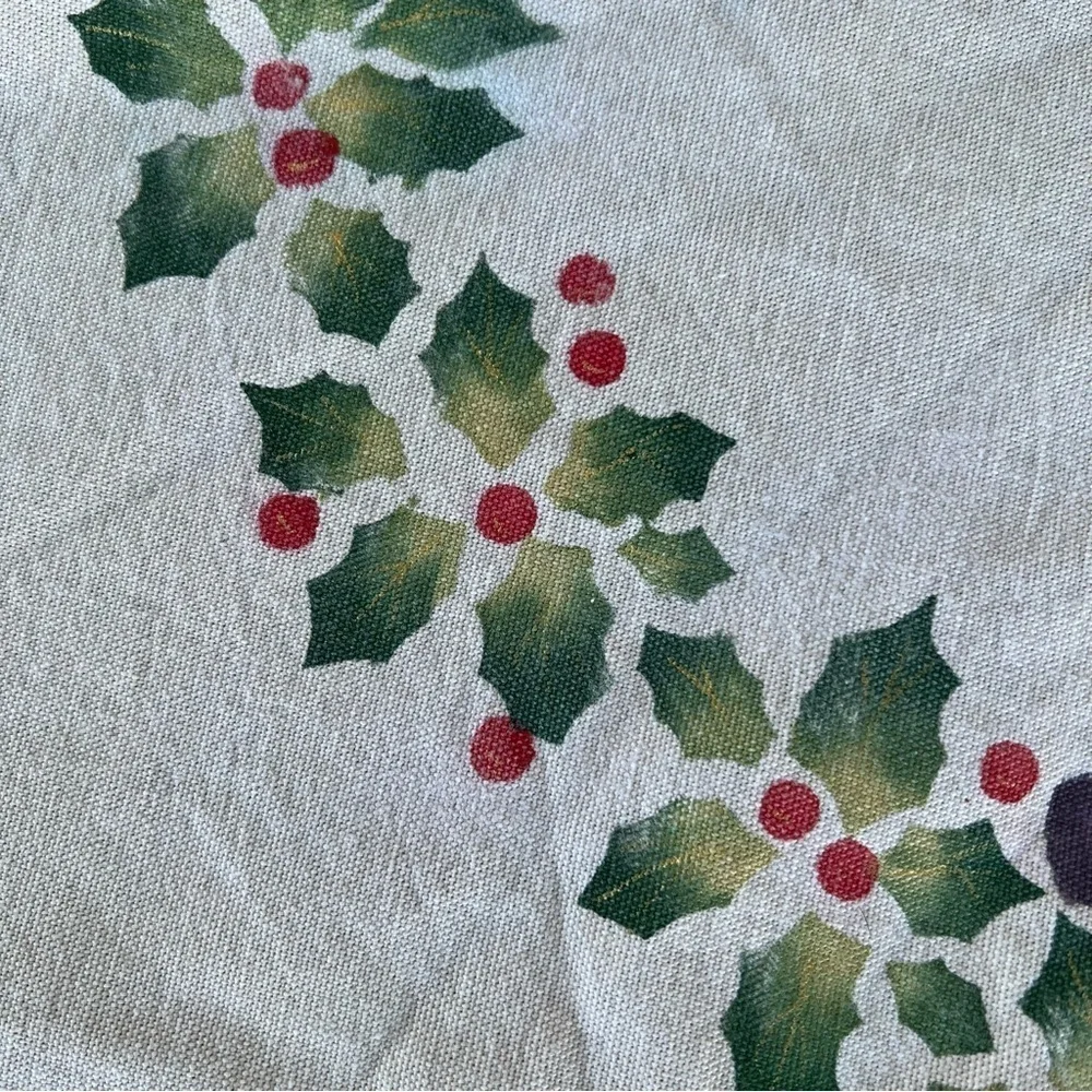 Handpainted Country Farm Christmas Tree Skirt Cow Rooster Holly Berries 54”